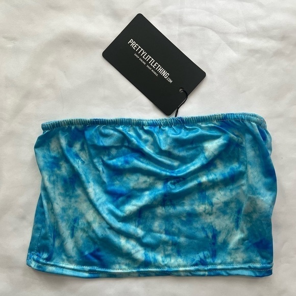 PrettyLittleThing Baby Blue Tie Dye Printed Slinky Bandeau Top 2 - Picture 4 of 10